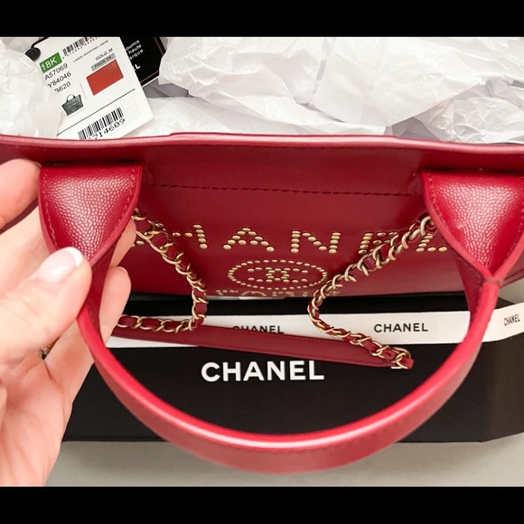 Sold! Chanel Medium Deauville Caviar Studded Red Leather Tote - Picture 14 of 15